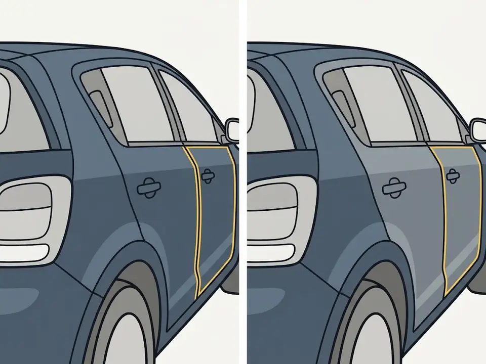 Flanc de la voiture vu de biais : à gauche tous les panneaux ont la même teinte, à droite la porte avant est plus claire, repeinte.