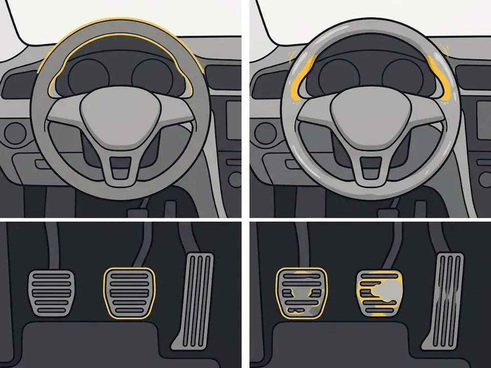 Volant et pédales : aspect mat et caoutchoucs intacts à gauche ; à droite, volant lustré aux mains et pédales usées jusqu’au métal.