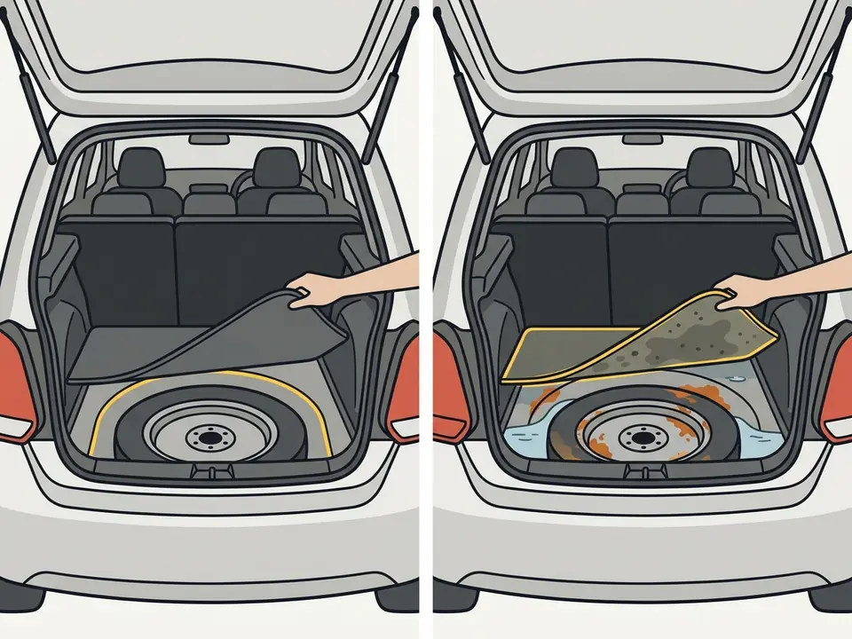 Tapis de coffre soulevé sur la roue de secours : logement sec à gauche ; à droite, eau stagnante, rouille et tapis taché d’humidité.
