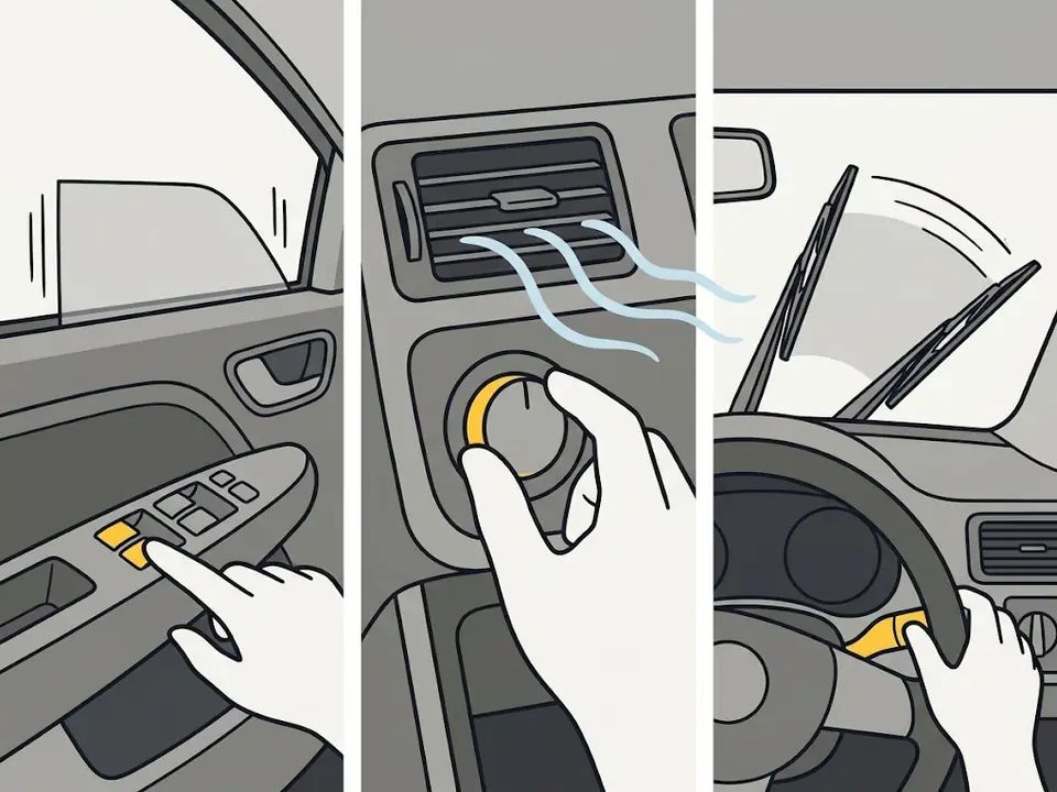 Trois essais : un doigt sur le bouton de lève-vitre, une main sur la molette de climatisation, la commande d’essuie-glaces actionnée.
