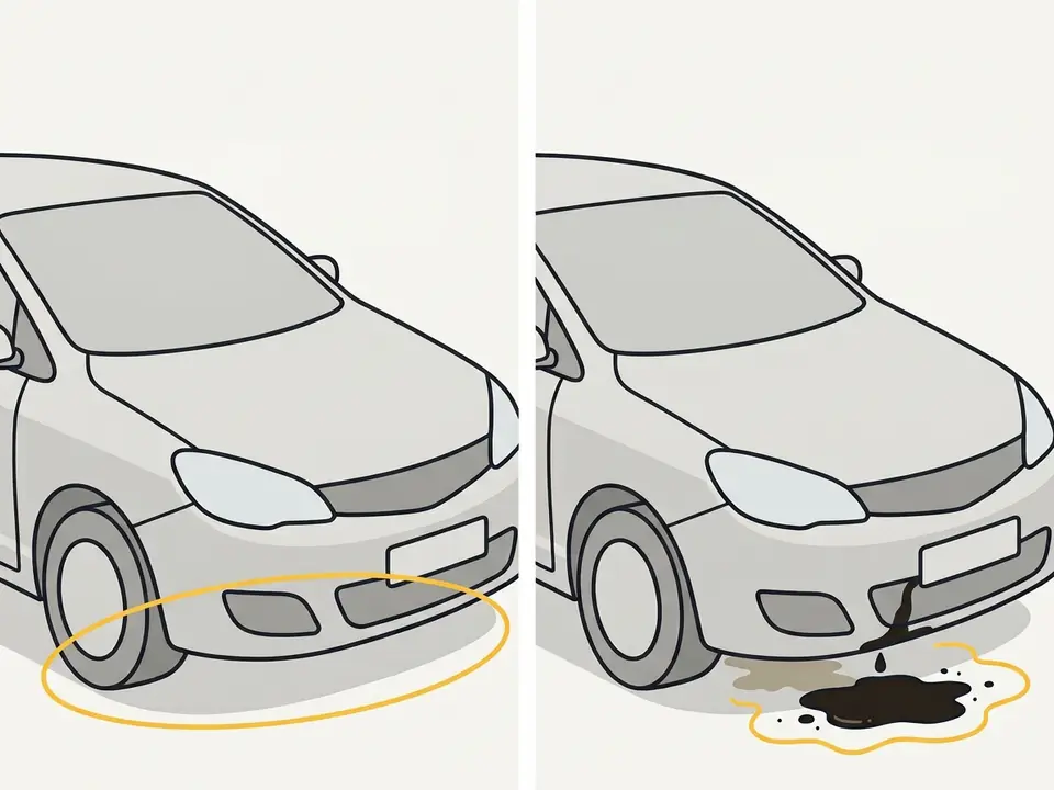 Le sol sous l’avant de la voiture : sec et propre à gauche ; à droite, une flaque d’huile sombre, une goutte qui tombe et une ancienne tache plus pâle.