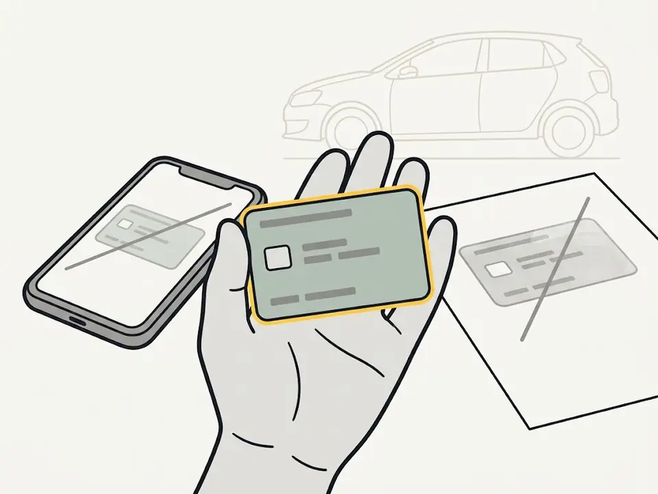 Une main tient la carte grise originale ; une photo sur téléphone et une photocopie, barrées, sont écartées.