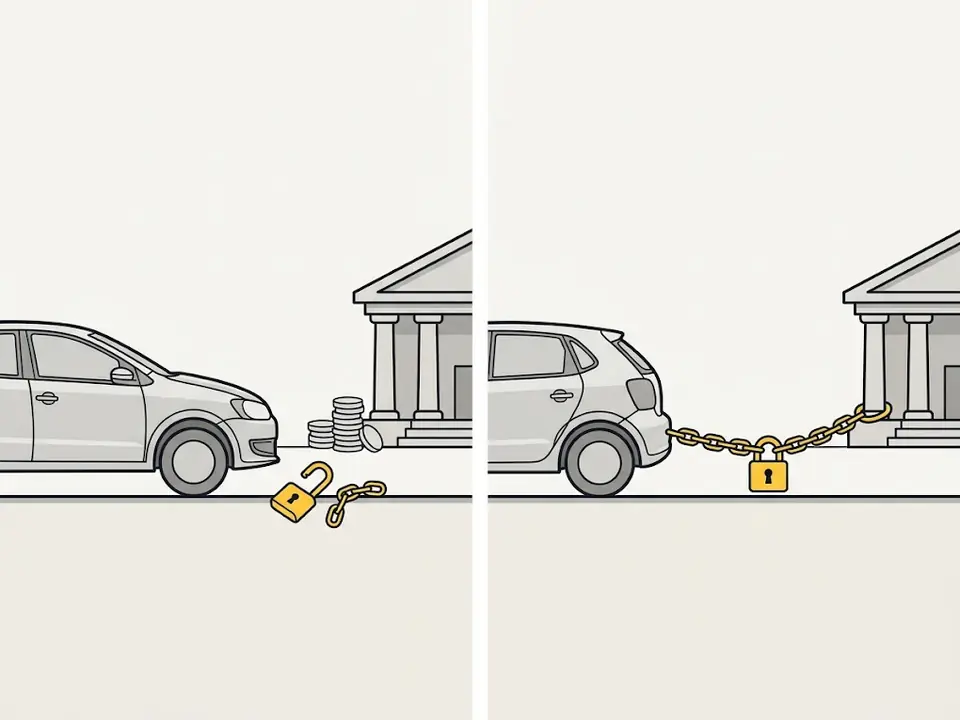 À gauche, un cadenas ouvert au sol : la voiture est libre. À droite, une chaîne cadenassée relie la voiture à une banque.