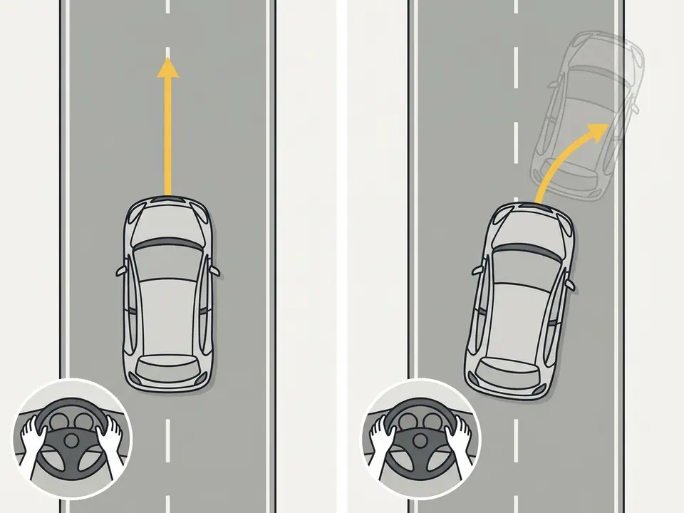La voiture vue de dessus sur une route droite, volant relâché : elle continue tout droit à gauche ; à droite, elle dérive vers le bas-côté.