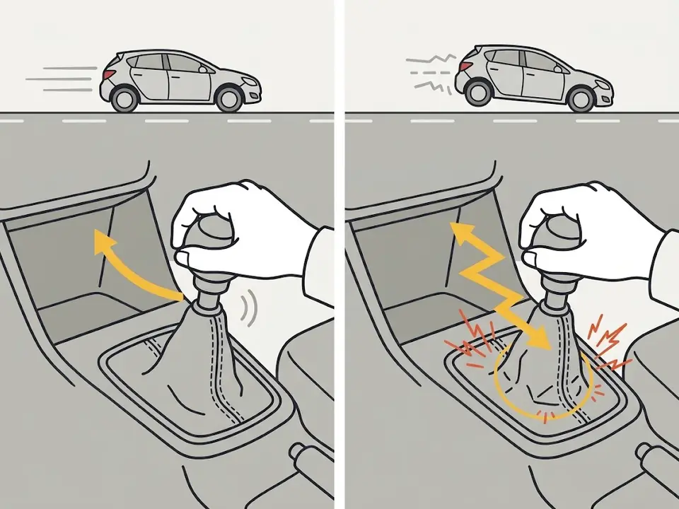 La main sur le levier de vitesses : le rapport passe d’un geste fluide et silencieux à gauche ; à droite le levier résiste, ça craque et la voiture avance par à-coups.